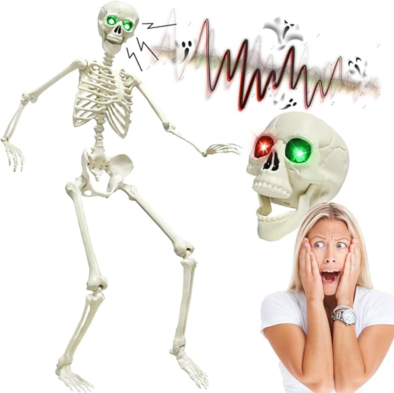 5.4FT Full Size Halloween Skeleton, Life Size Posable Skeleton with Glowing Eyes Scary Sound, Plastic Skeleton with Movable Joints for Halloween Decoration